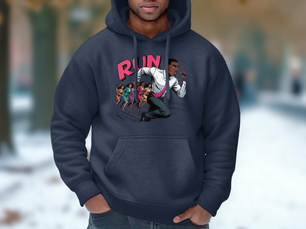 Run Design Hoodie with Running Characters Print