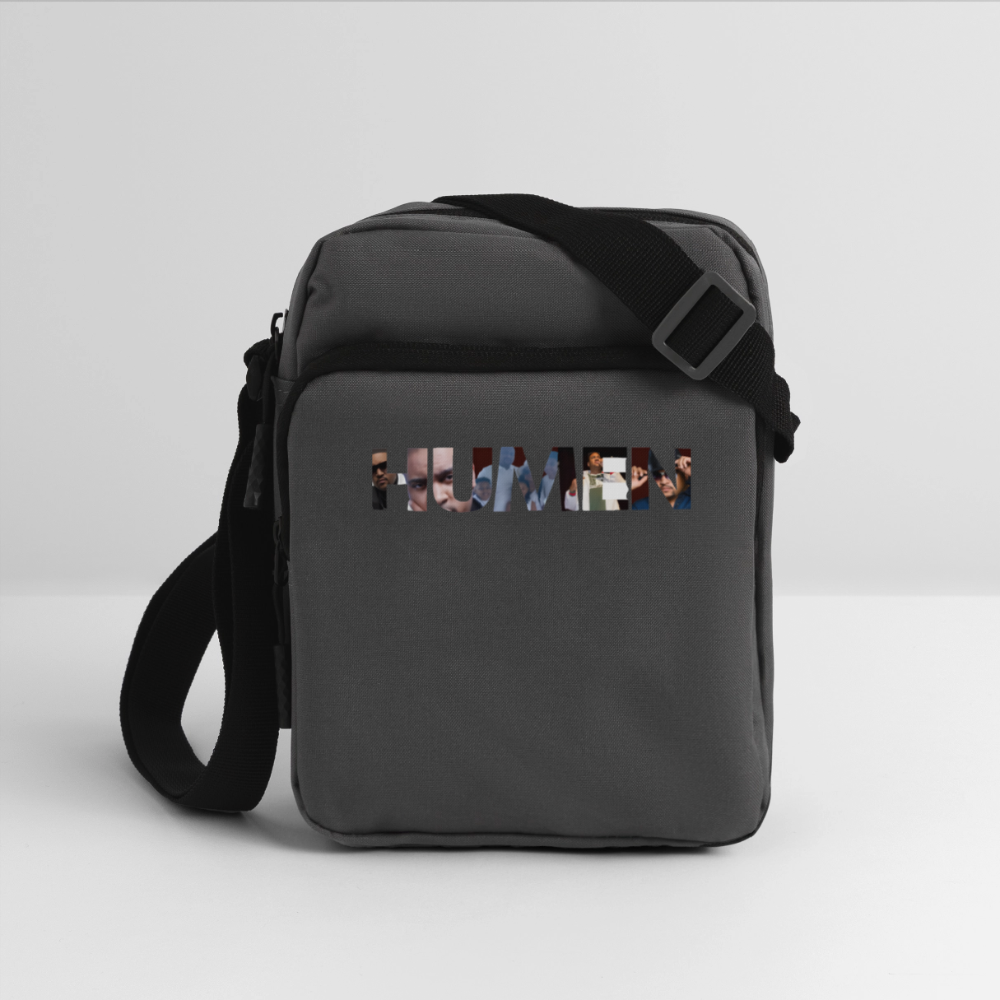 The iconic "HUMEN" logo crossbody bag! Each letter tells a story, making this a wearable piece of art. - charcoal grey